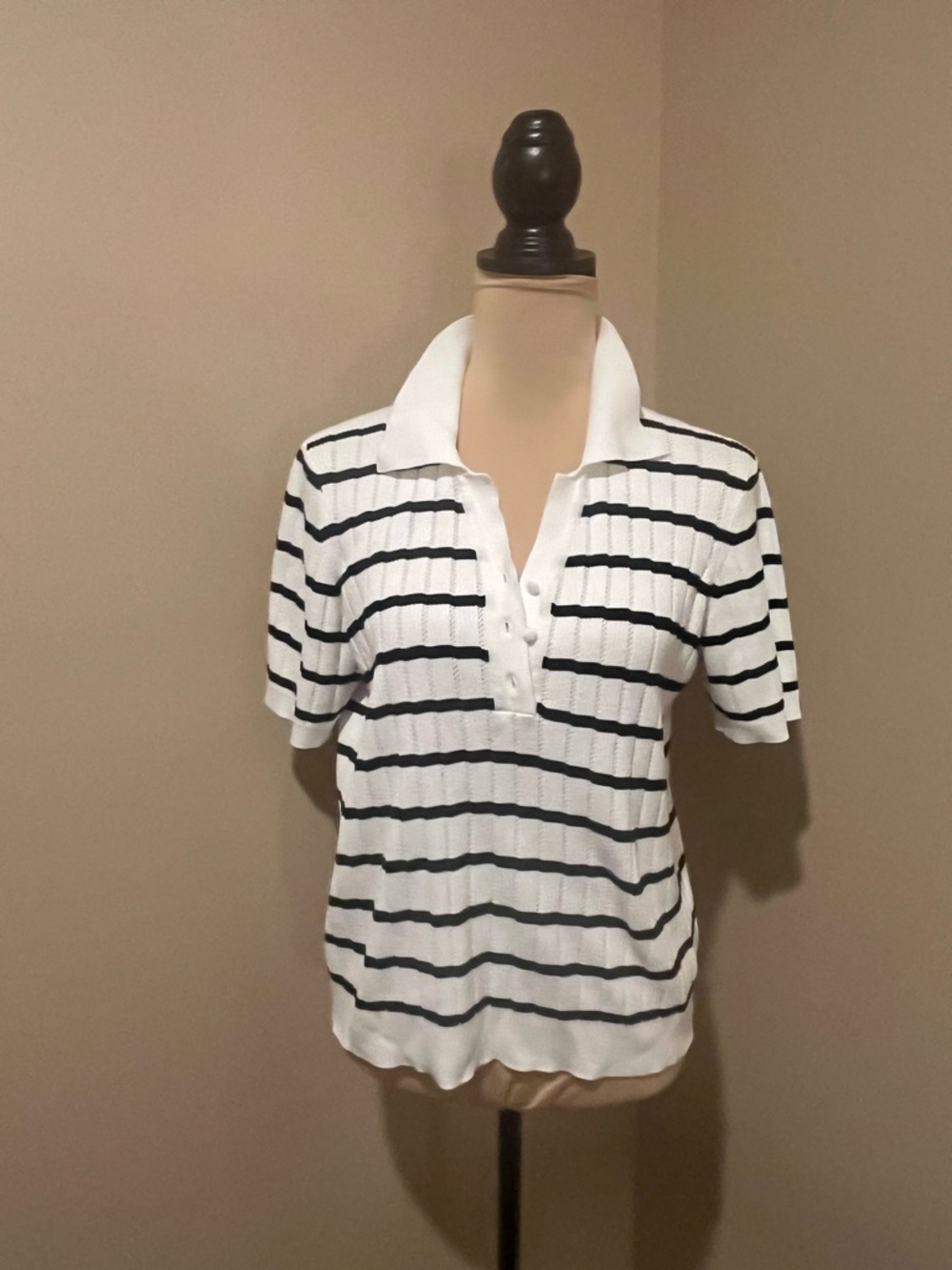 Adrianna Papell Preppy White Polo Sweater Top with Black Stripes, Large